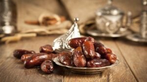 Benefits of Dates, Sukkari dates served in a traditional silver bowl, perfect for Ramadan or Iftar.