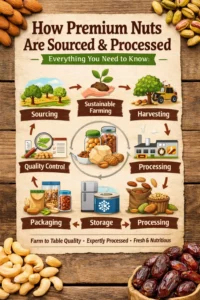 Infographic showing the journey of premium nuts, from sourcing to processing, highlighting sustainable farming, harvesting, and quality control.